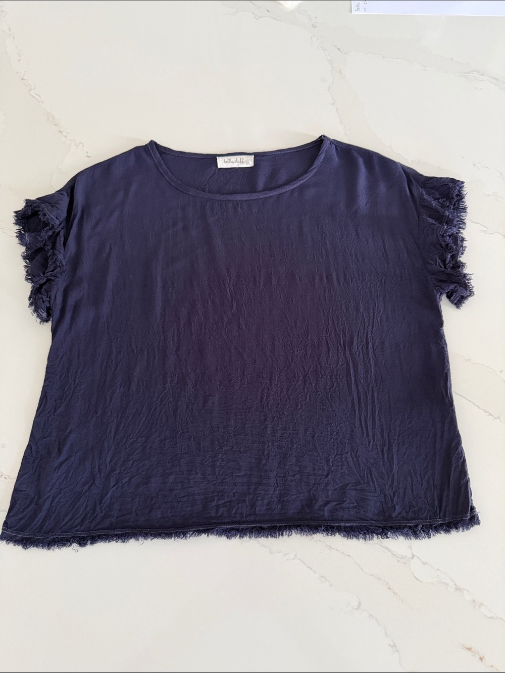 Bella Dahl Navy Blue Frayed Fringe Rayon Short Sleeve Top